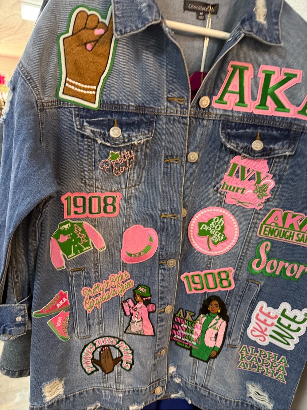 Alpha Kappa Alpha Embroidered Denim Jacket - Pink & Green Patches